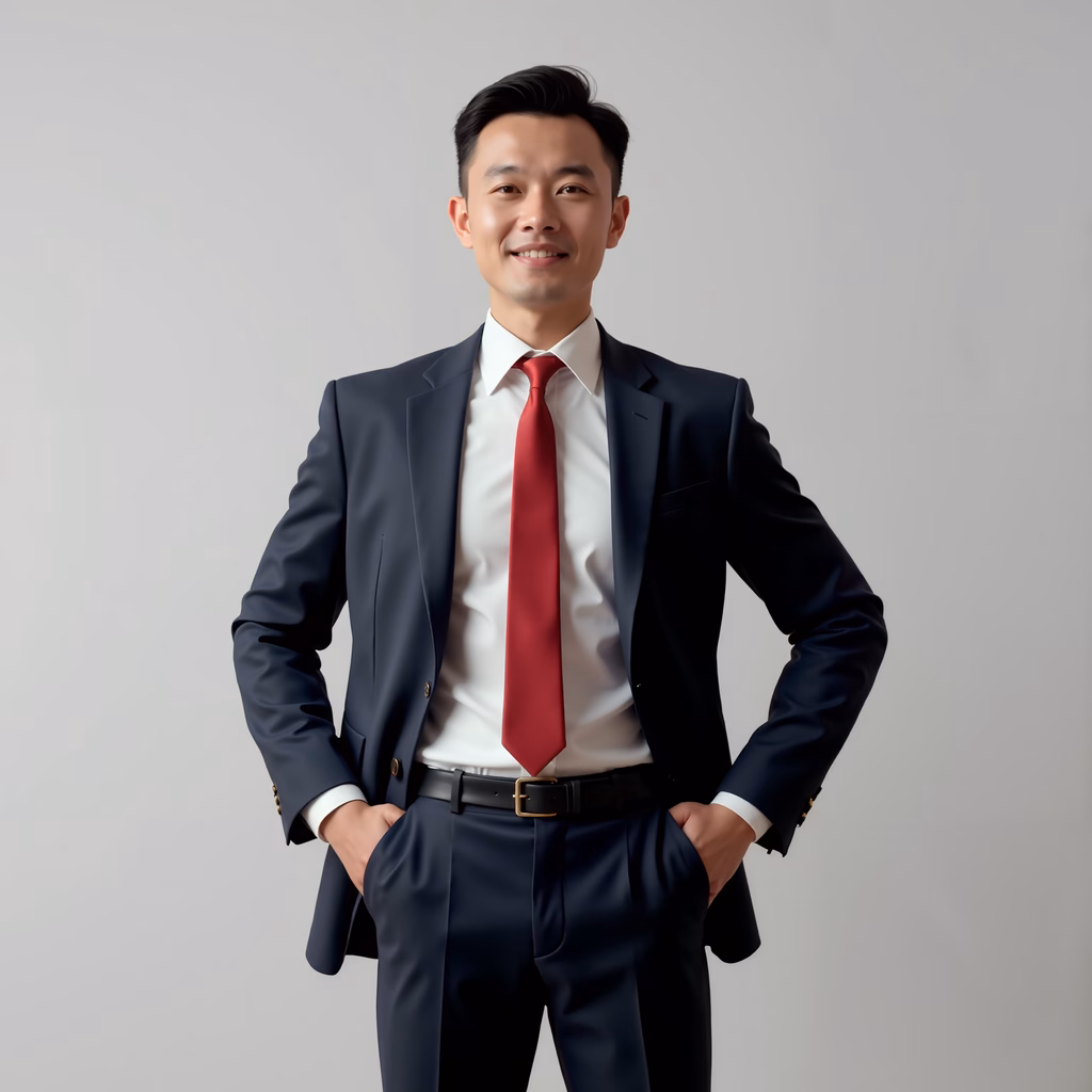 Confident professional in a navy blue suit and red tie.