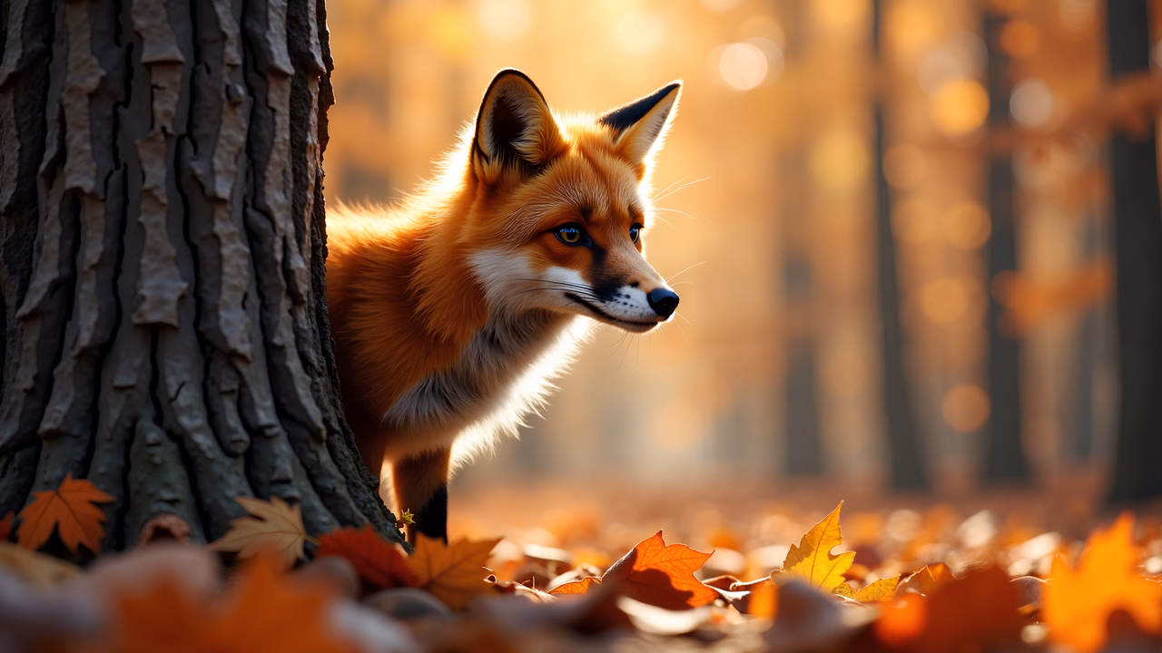 Close-up of a fox in a golden autumn forest setting.