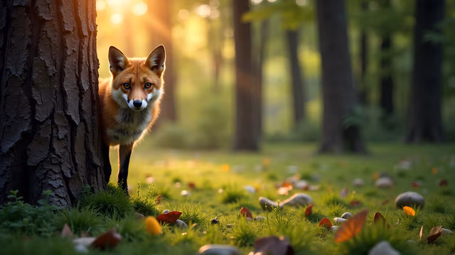 Fox Peeking Through the Tree