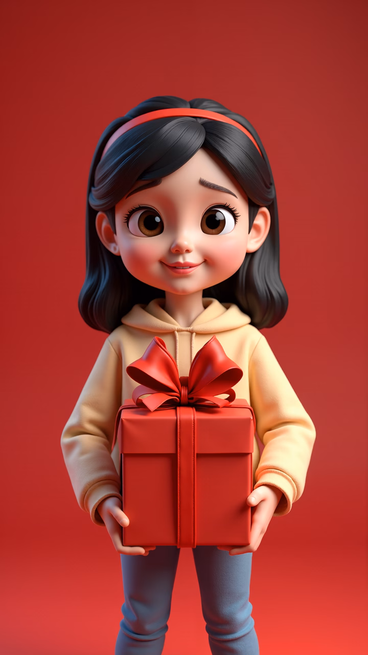 Joyful animated girl holding a bright red gift box against a vibrant red backdrop.