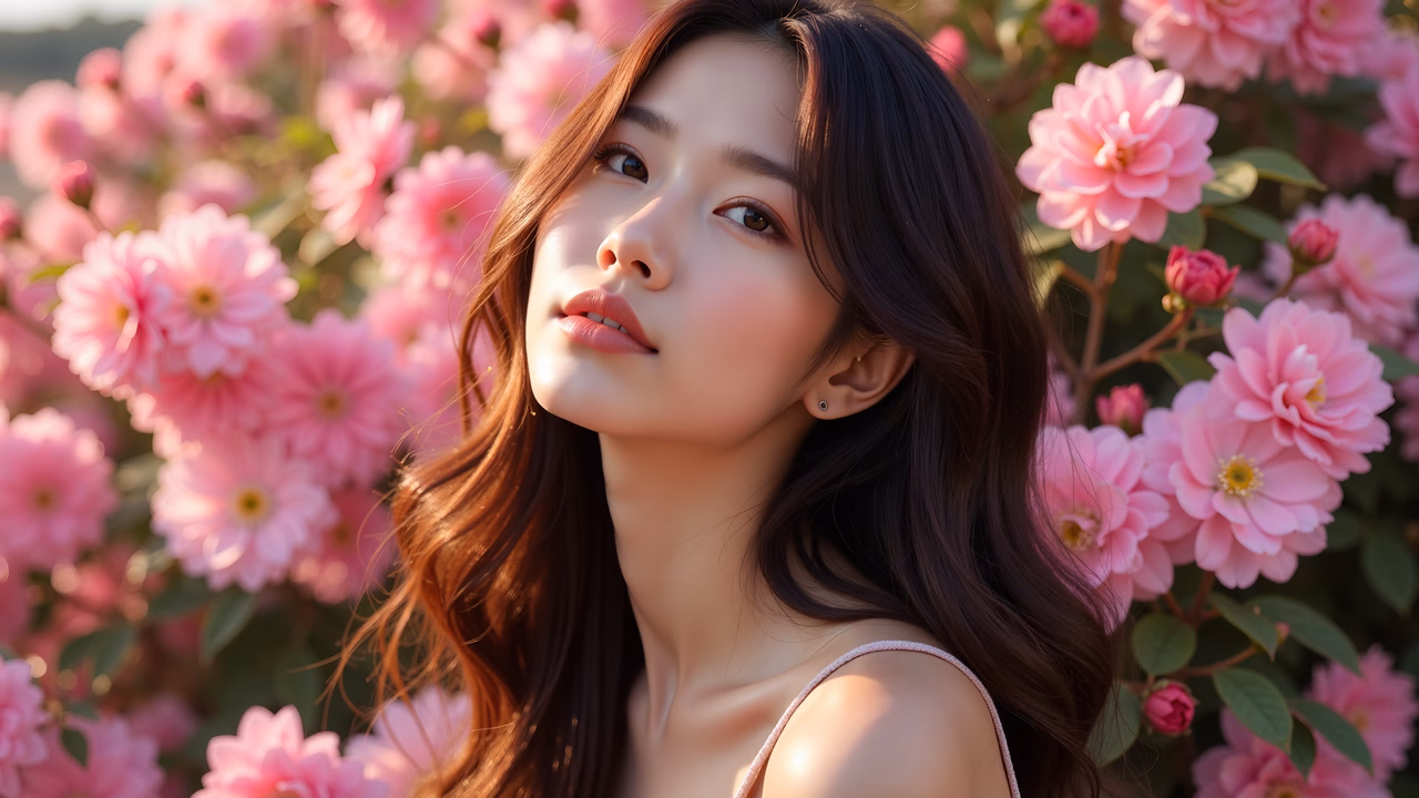Close-up portrait of a girl surrounded by pink flowers, bathed in warm sunlight.