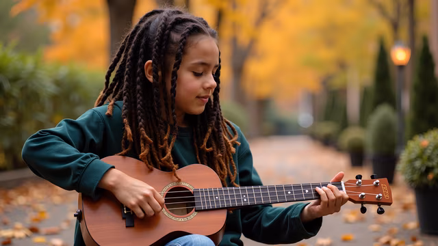 Girl Playing Guitar in Autumn
