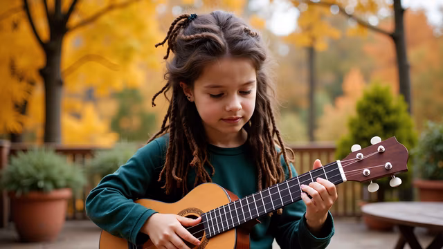 Girl Playing Guitar in Autumn