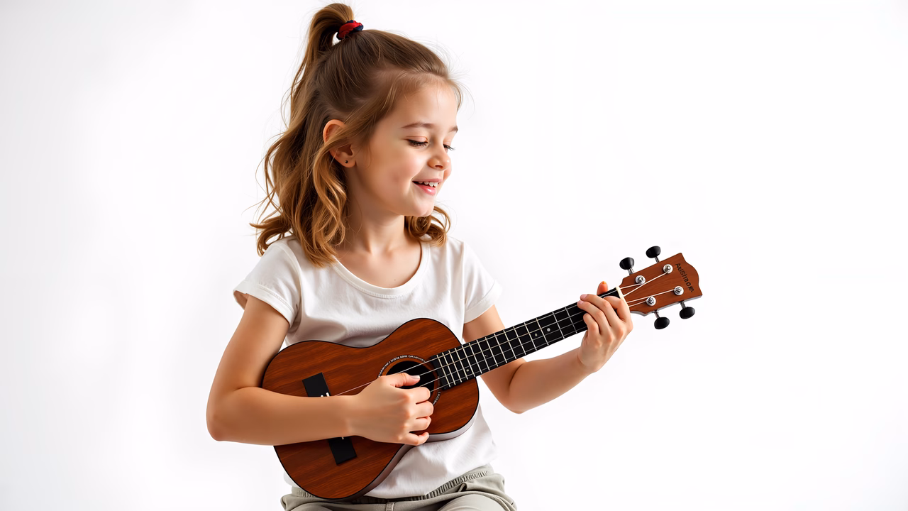 A cheerful young girl playing a ukulele against a plain white backdrop.