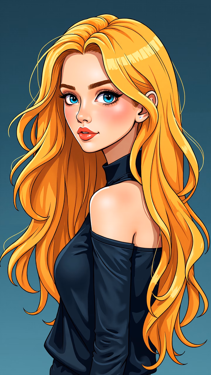 Vibrant fashion illustration with golden hair and striking blue eyes.