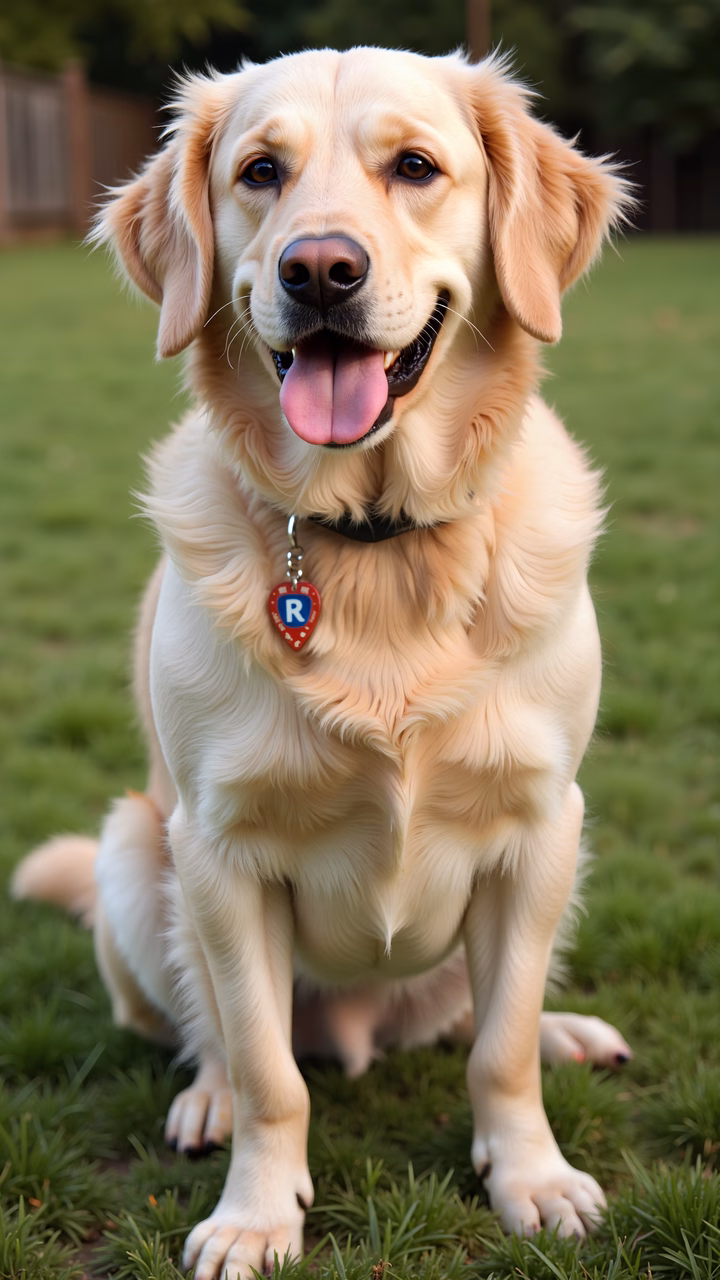 Close-up of a golden retriever sitting on a grassy lawn, smiling.