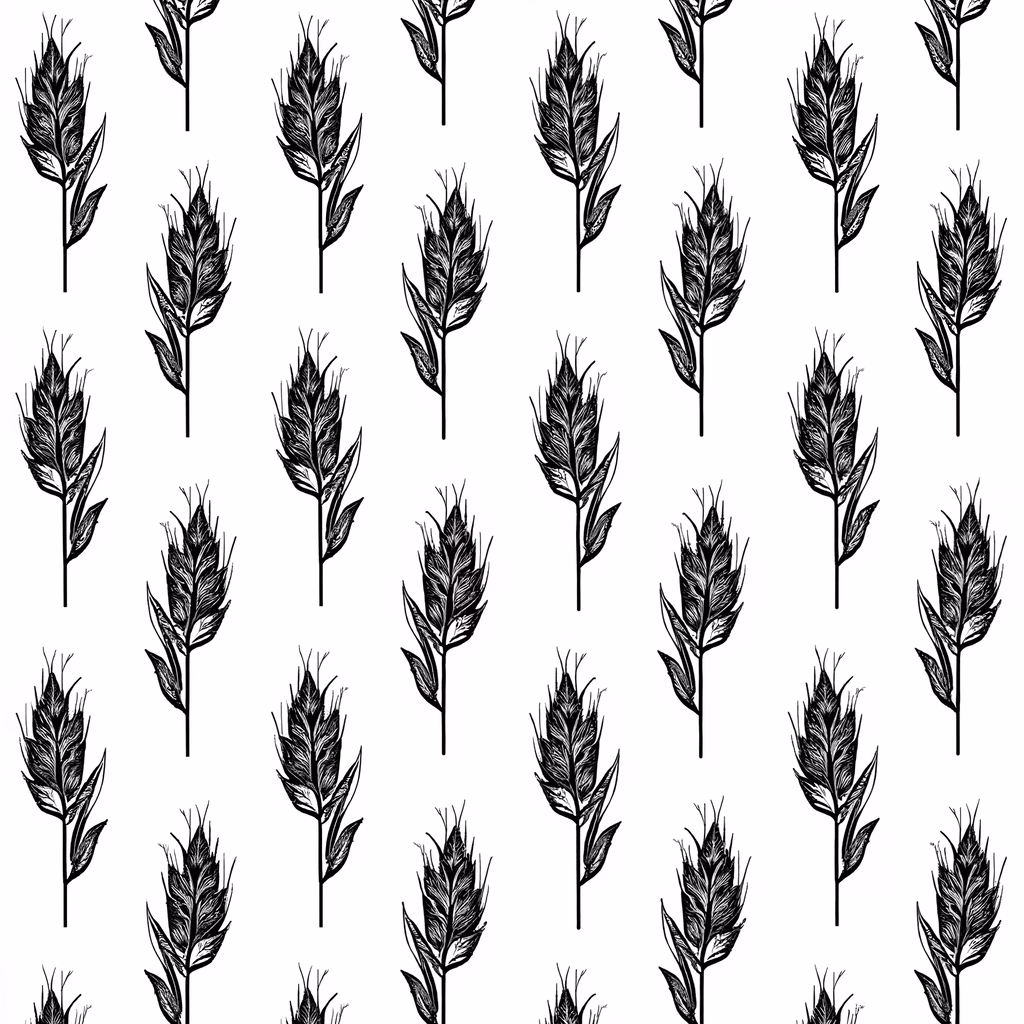 Detailed botanical illustration featuring wheat stalks in a monochromatic pattern.