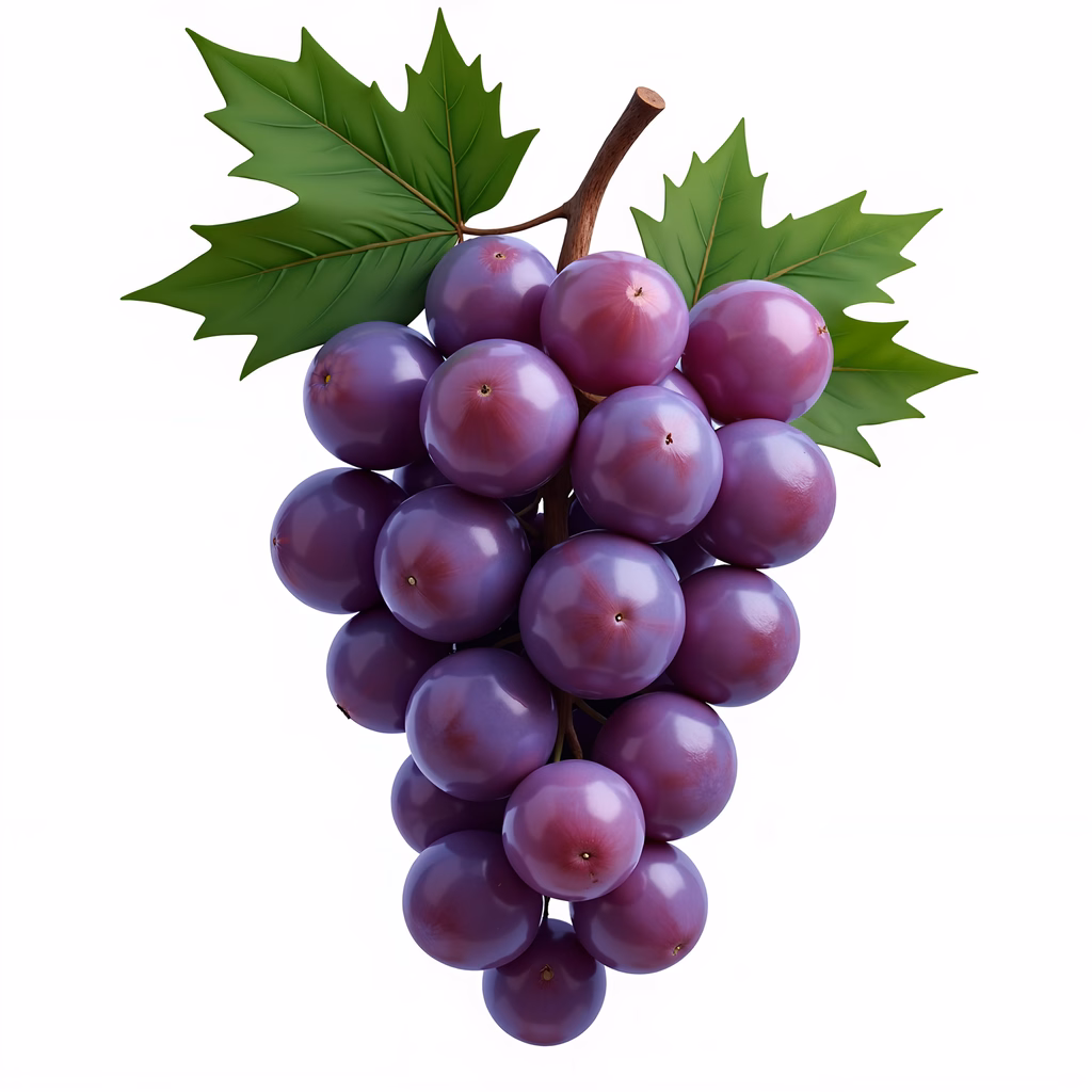 Realistic illustration of purple grapes with glossy texture and green leaves.