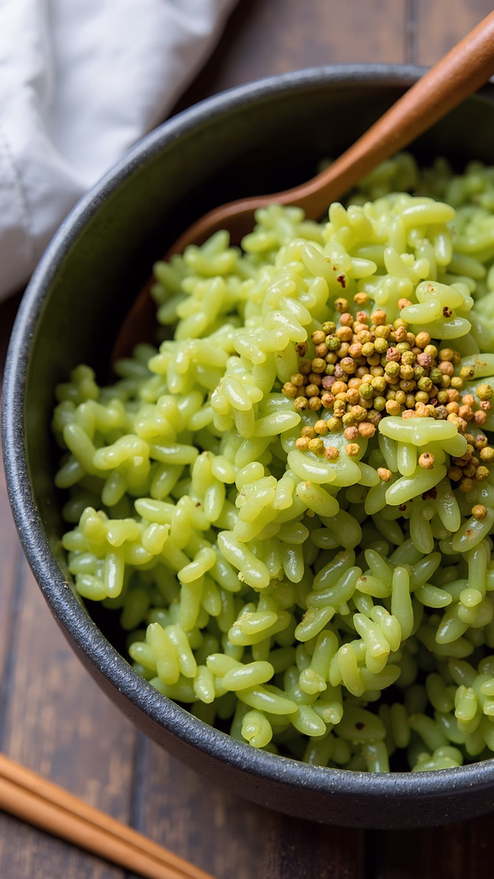 Close-up of green rice garnished with golden seeds in a ceramic bowl.