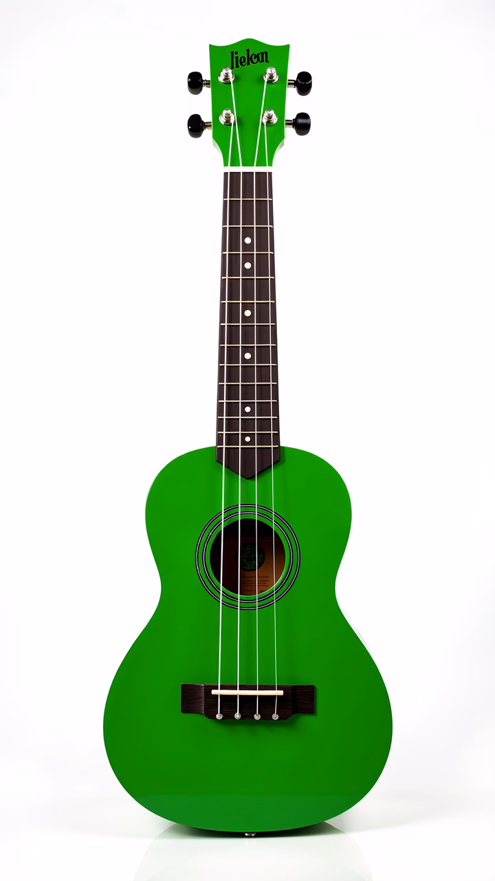 Vibrant green ukulele with glossy finish and dark fretboard against a white background.