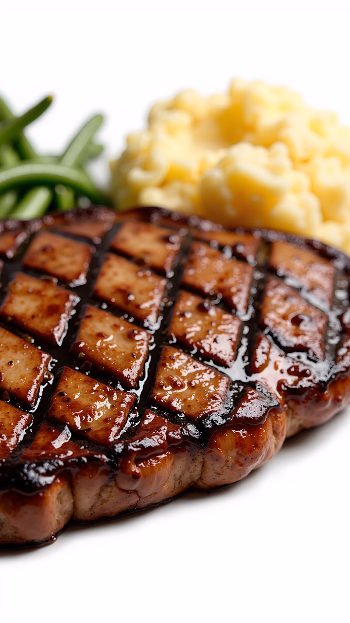Close-up of grilled steak with mashed potatoes and green beans.