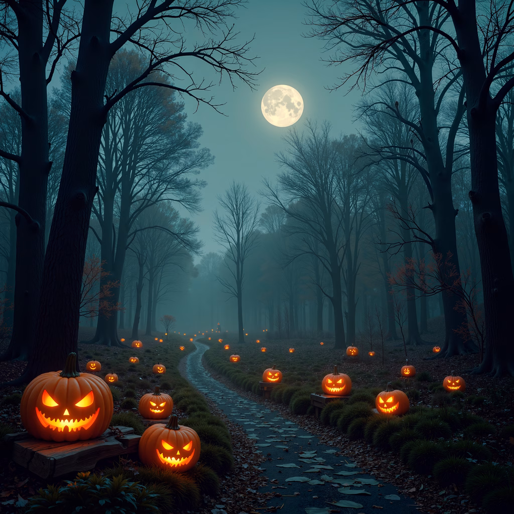 Spooky Halloween path with glowing jack-o'-lanterns and a full moon.