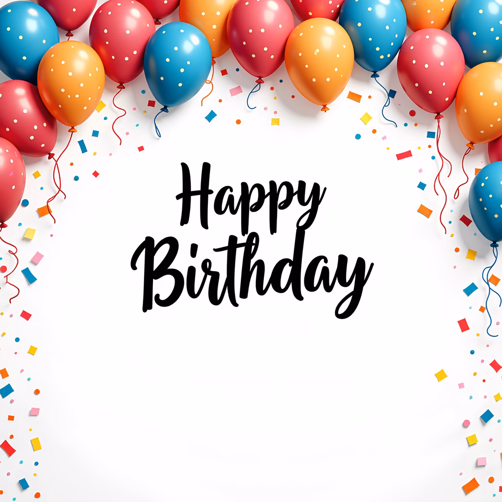 Colorful balloons and confetti celebrating a birthday.