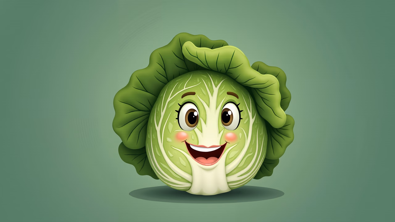 A smiling cabbage character in a cheerful illustration style.