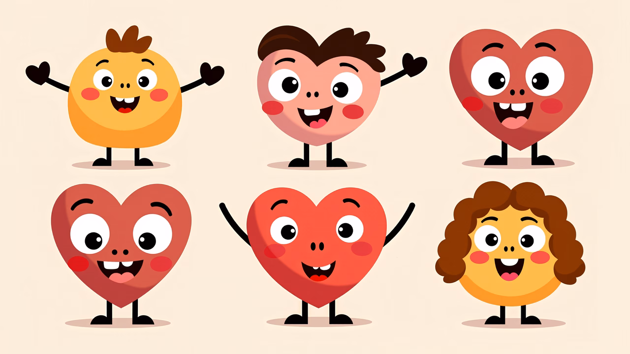 Brightly colored heart characters with playful expressions on a soft beige background.