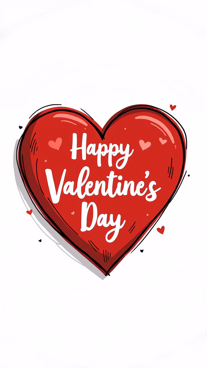 Whimsical Valentine's Day greeting with a red heart and playful text.
