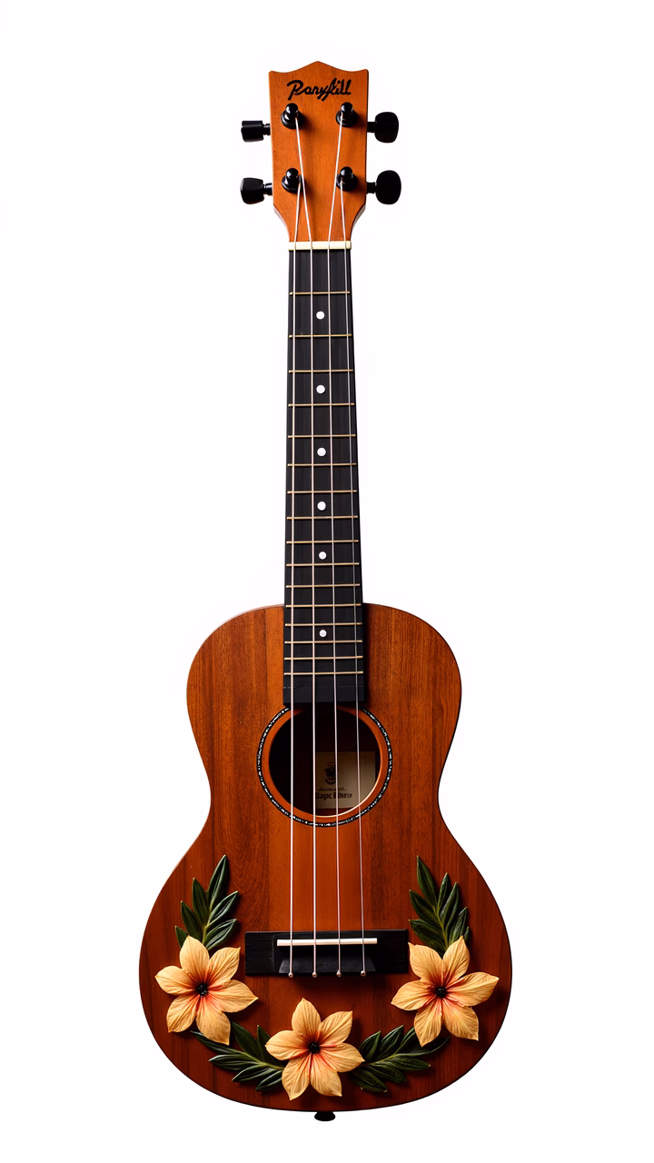 Illustrated ukulele with tropical flowers and leaves, symbolizing Hawaiian music and culture.