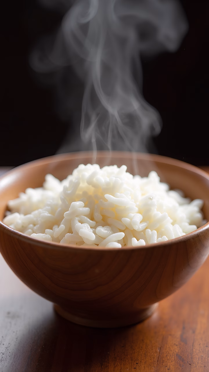 Close-up of hot steaming rice in a wooden bowl, evoking warmth and comfort.