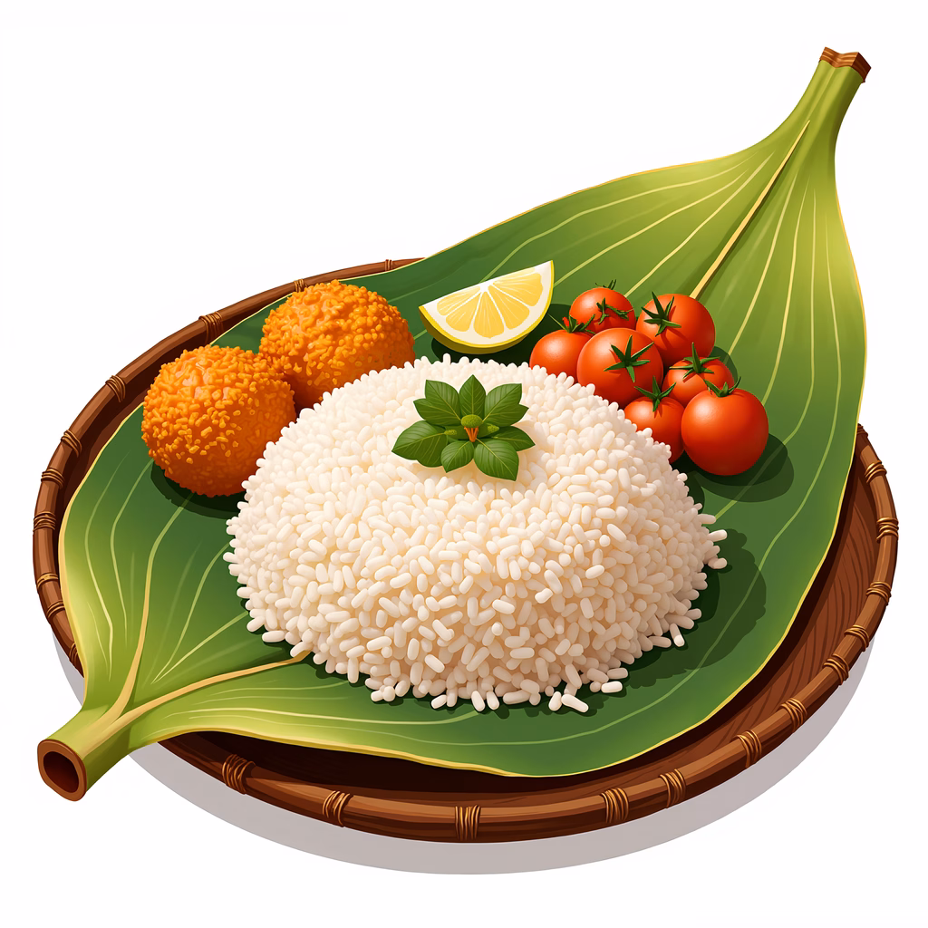 A beautifully illustrated rice dish served on a leaf, featuring fried balls and cherry tomatoes.