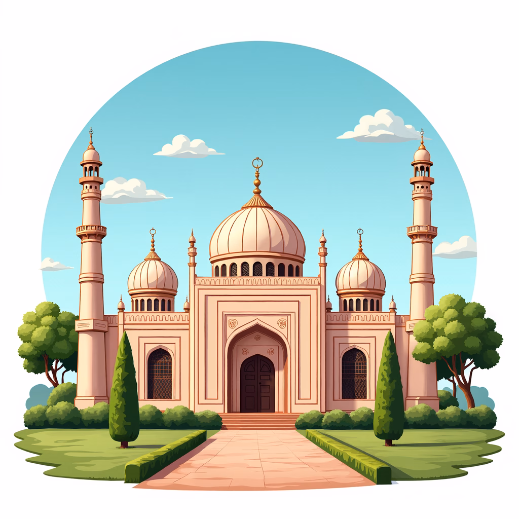 Grand Islamic mosque with multiple domes and minarets, serene sky, detailed architecture, tranquil atmosphere.