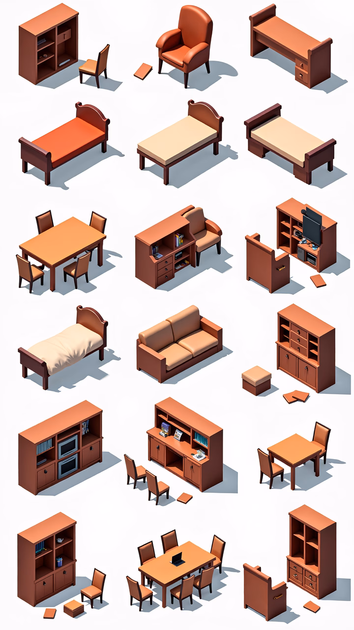 A collection of isometrically designed furniture in a uniform brown color scheme, showcasing interior design elements.