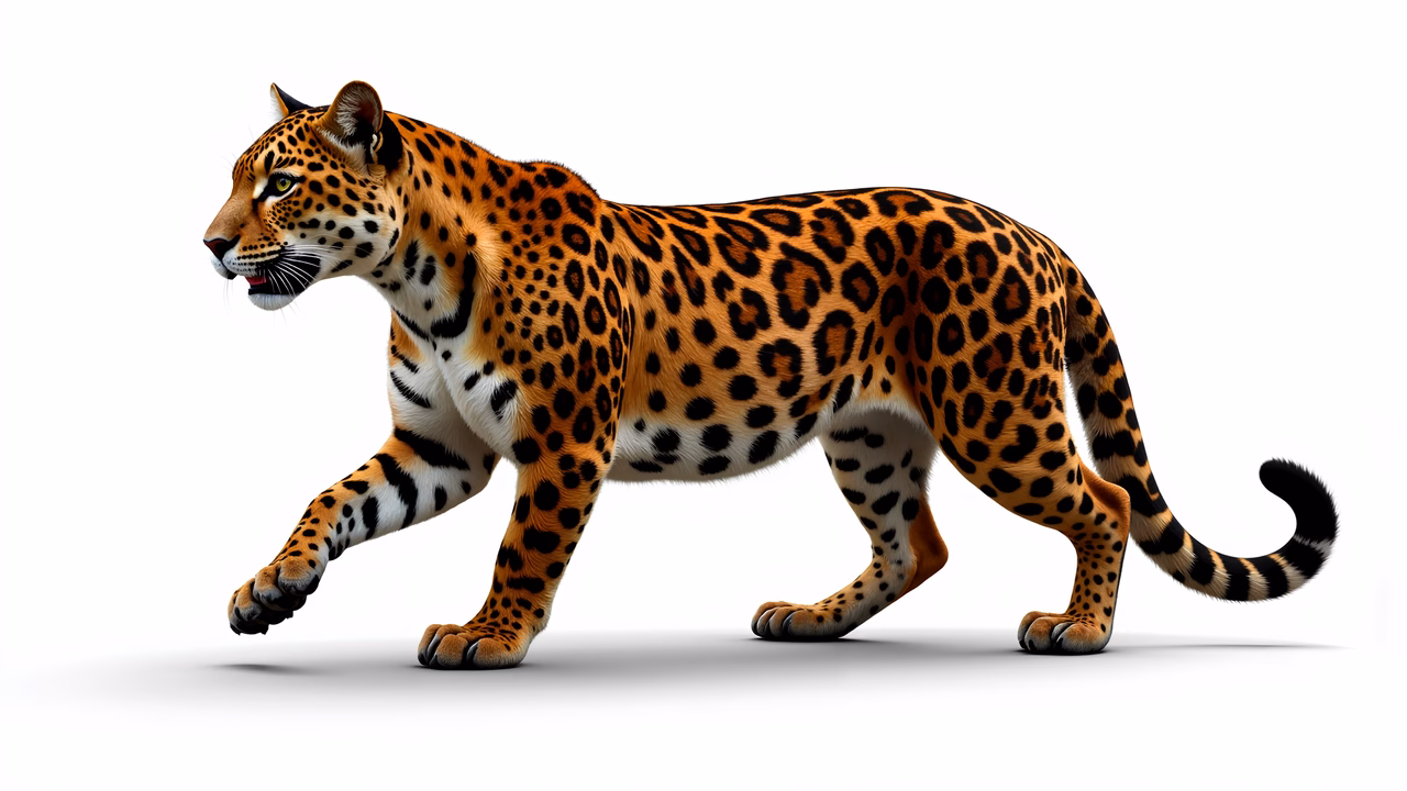 Detailed illustration of a walking leopard with vibrant orange and black spots on a white background.