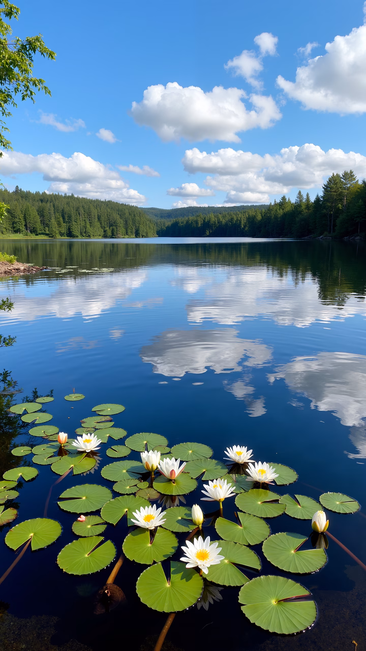 A tranquil lily pond scene with water lilies and cloud reflections.