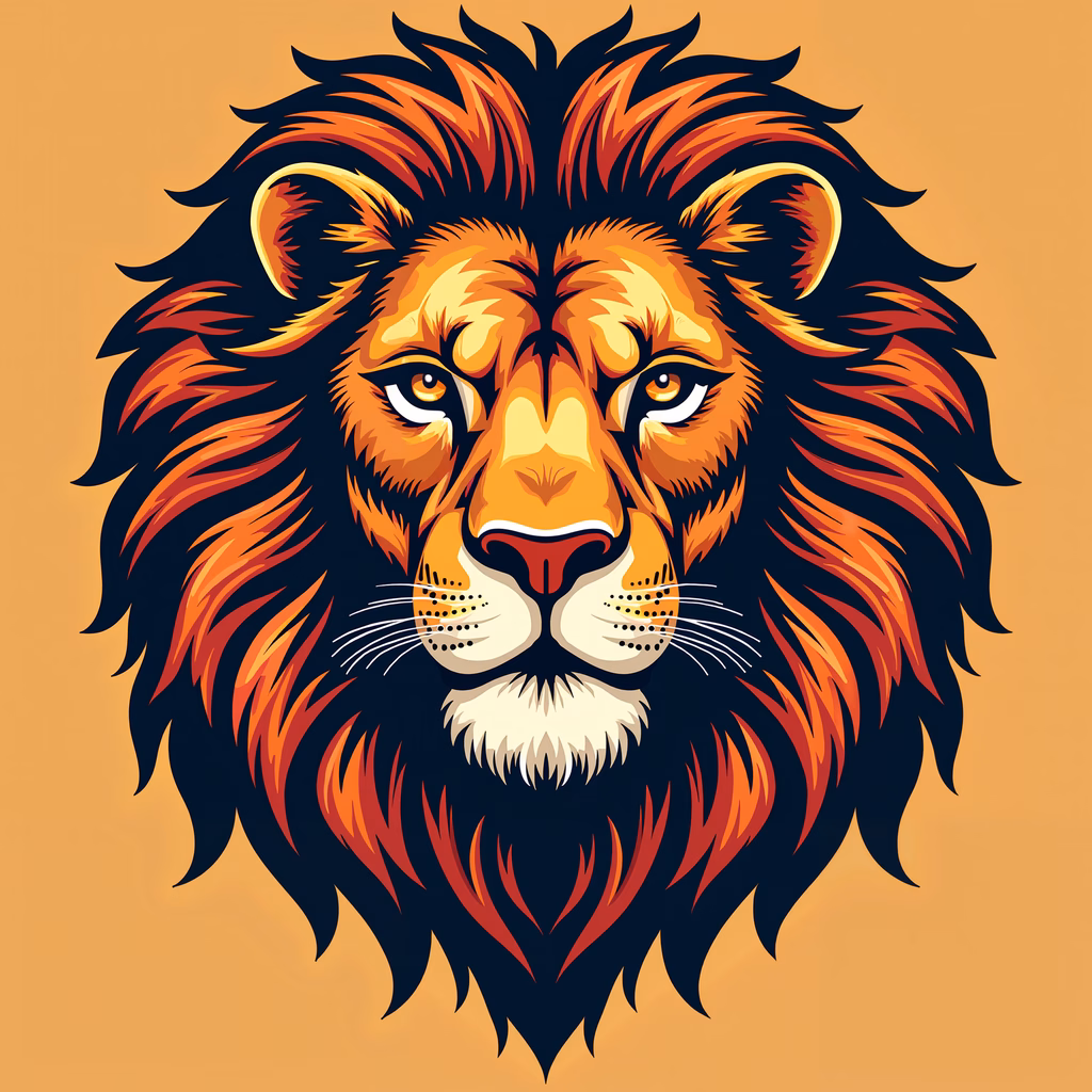 Vibrant lion illustration with fiery mane and intense gaze.
