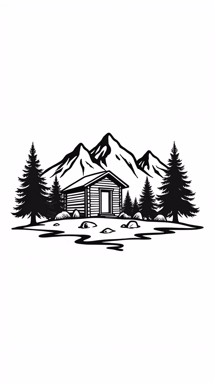 A peaceful log cabin surrounded by towering trees and majestic mountains, rendered in black and white.