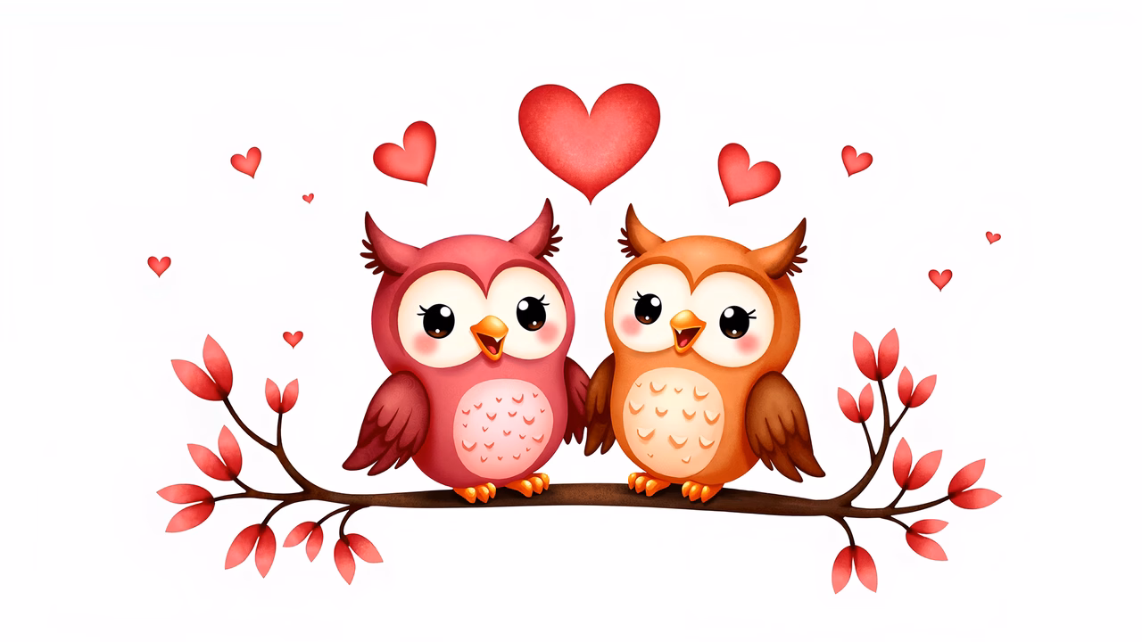 Cute owls sharing a branch with hearts, perfect for Valentine's Day!