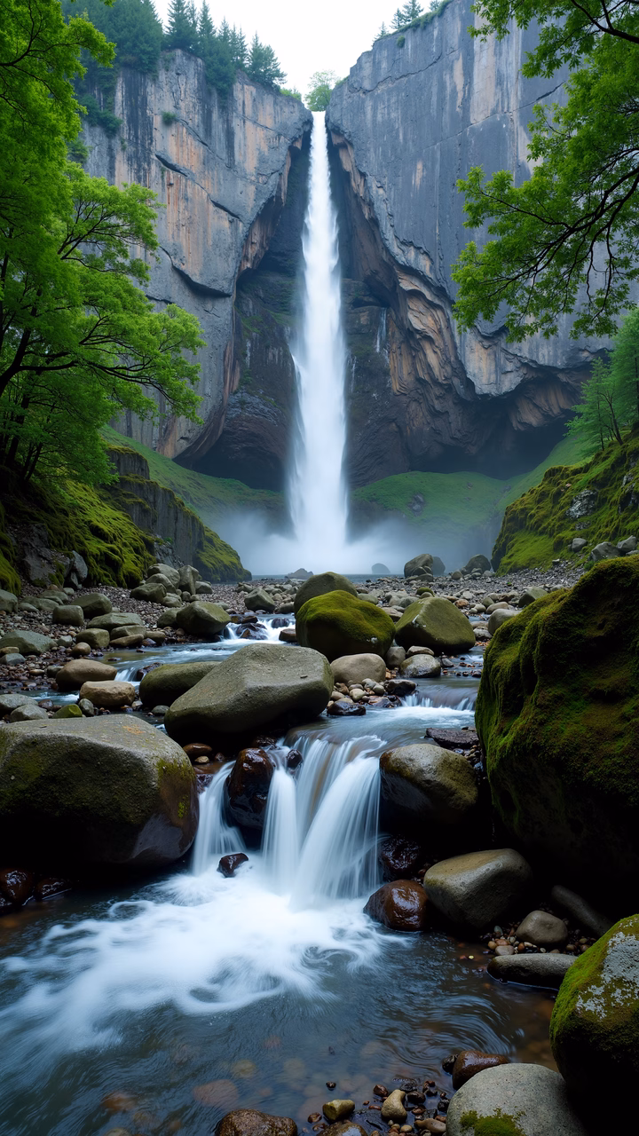 Epic waterfall surrounded by vibrant greenery and moss-covered rocks.