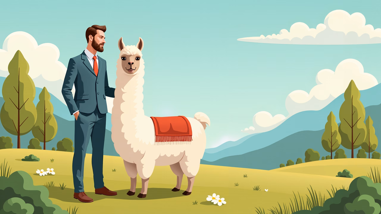 A man in a suit stands next to a cozy alpaca in a picturesque landscape.