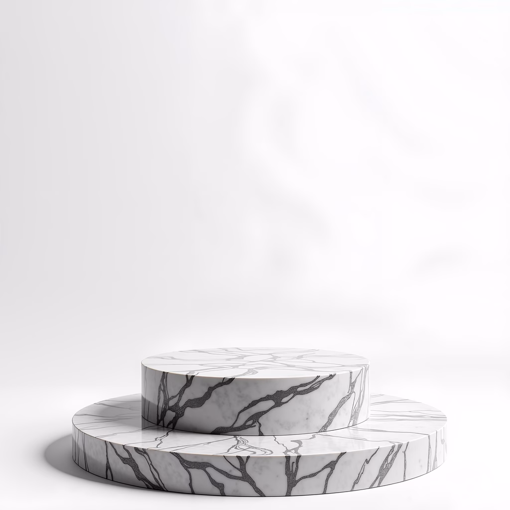 Minimalist marble podium with black veining on white background
