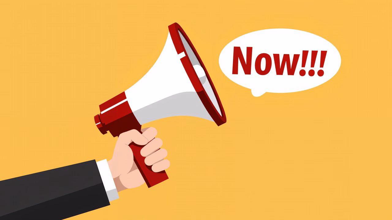 Urgent call to action with a megaphone announcement.