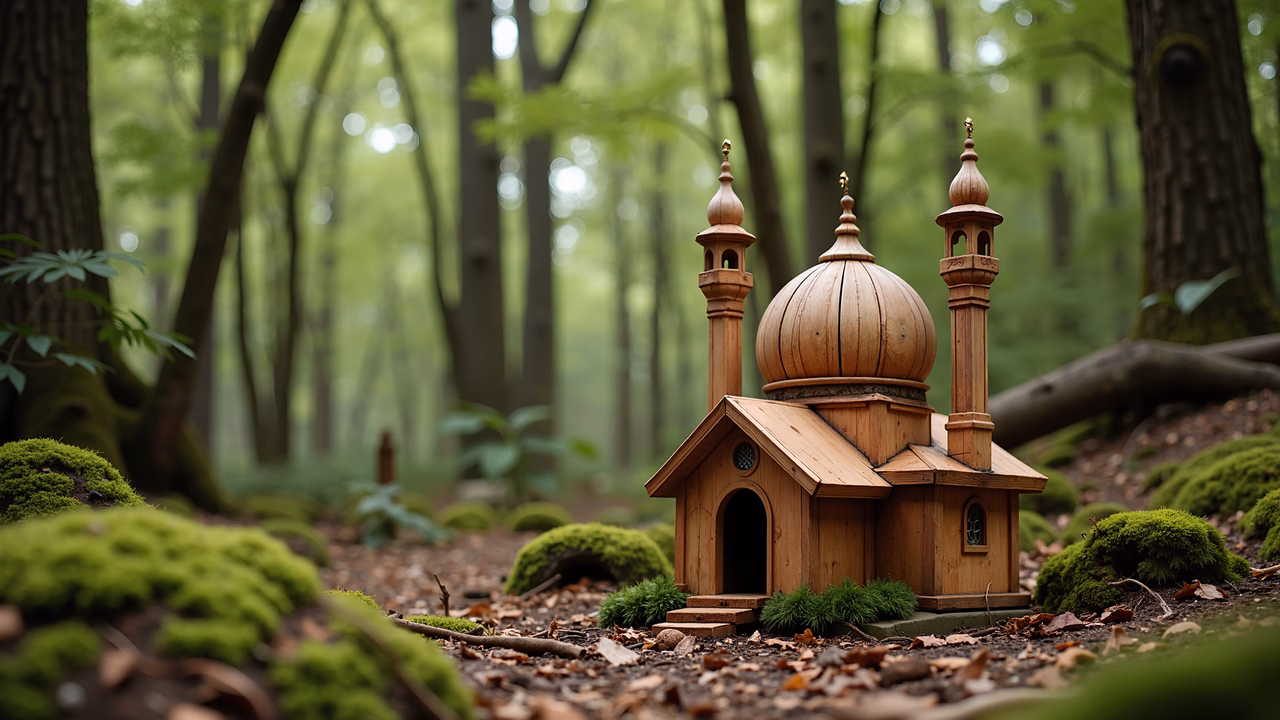 A peaceful miniature mosque in a verdant forest setting.