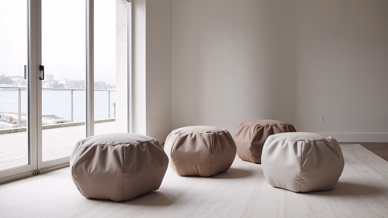 Minimalist bean bags by the waterfront.
