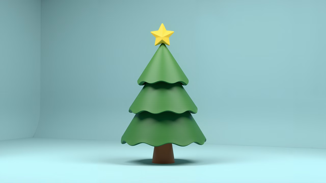 A minimalist green Christmas tree with a yellow star against a teal backdrop.