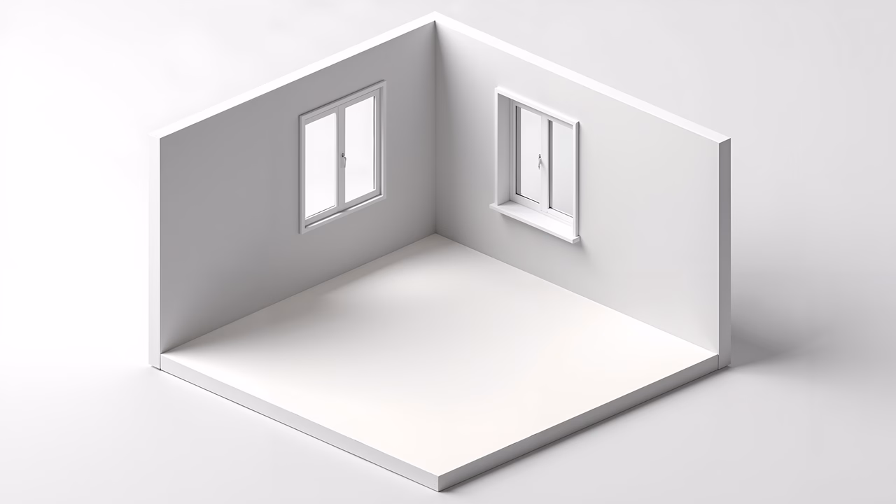 A minimalist corner with two windows in a clean, white space.