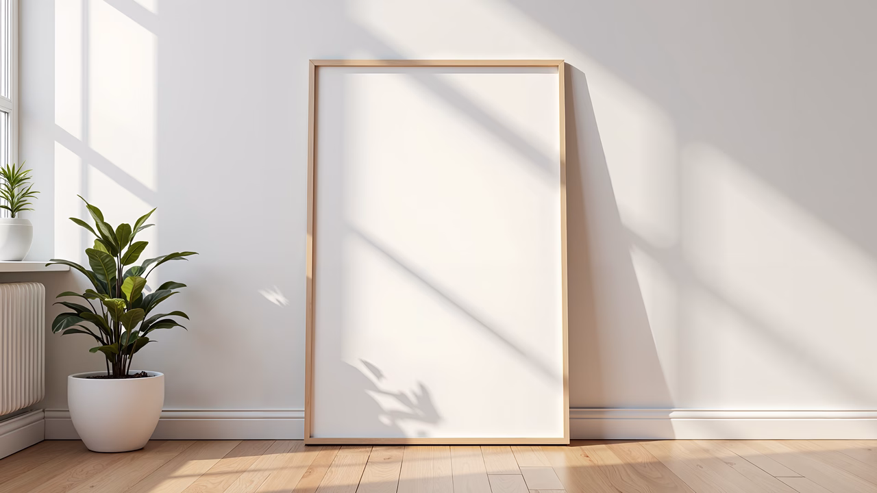 A minimalist interior with a wooden-framed blank canvas and potted plants, bathed in natural light.