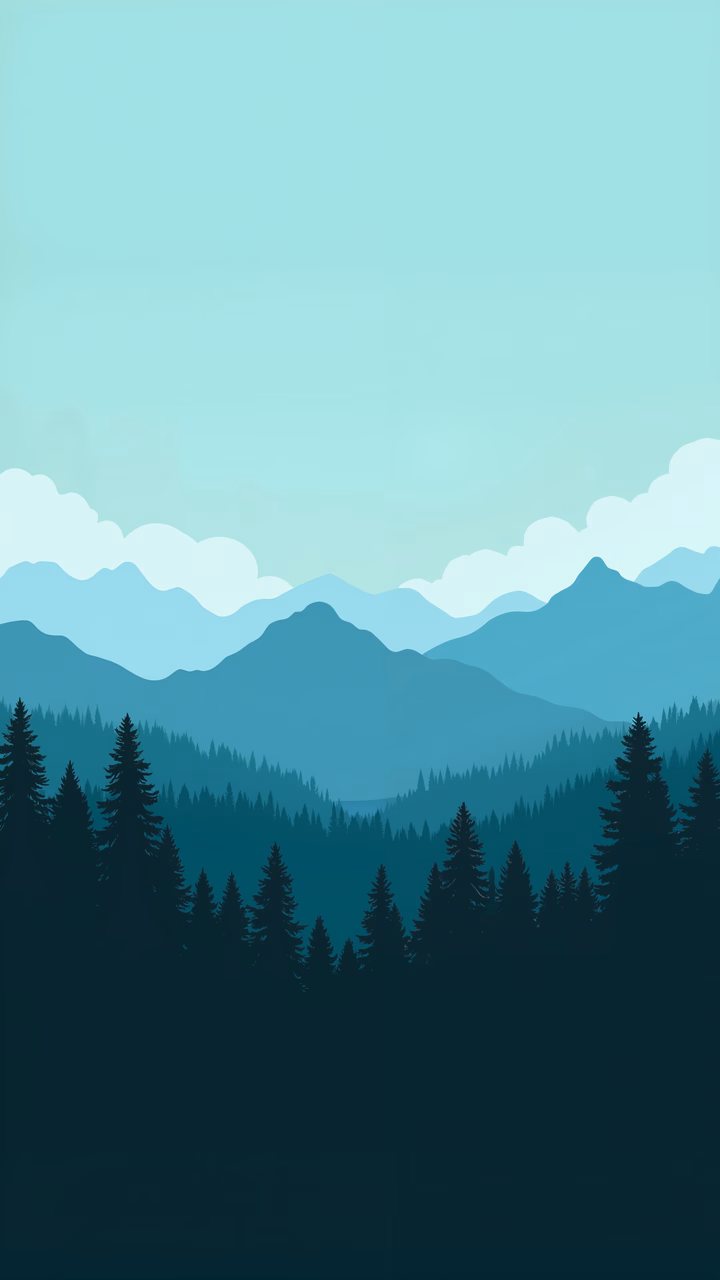 A minimalist illustration of a tranquil forest and distant mountains in soothing blue tones.