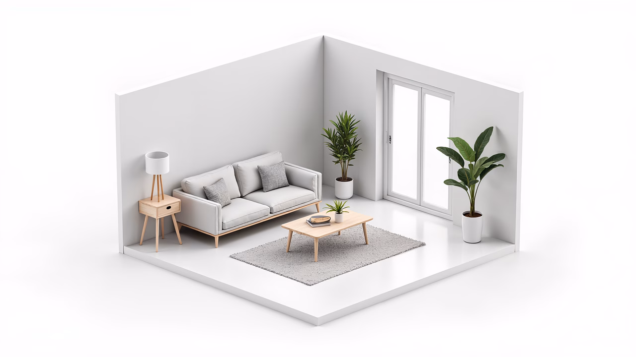 Modern minimalist living room with neutral tones and natural light.
