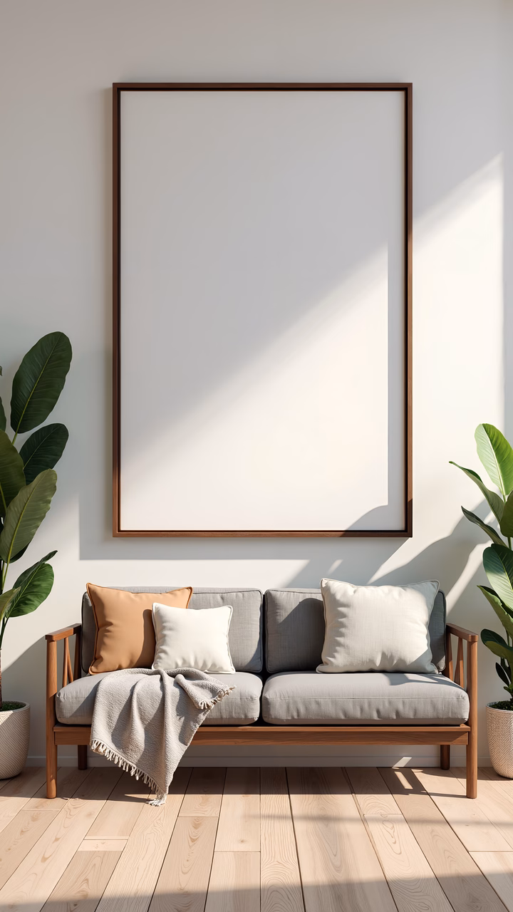 A tranquil living room with a minimalist design, featuring a sofa, plants, and a large blank canvas.