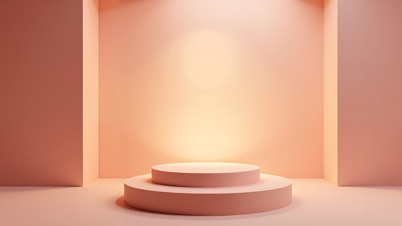 Sleek, minimalist podium with soft pastel colors and warm lighting.