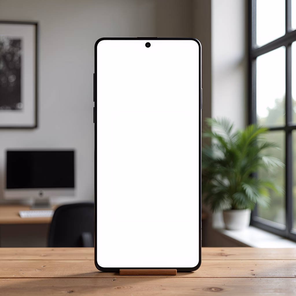 Sleek smartphone mockup in a minimalist workspace setting.