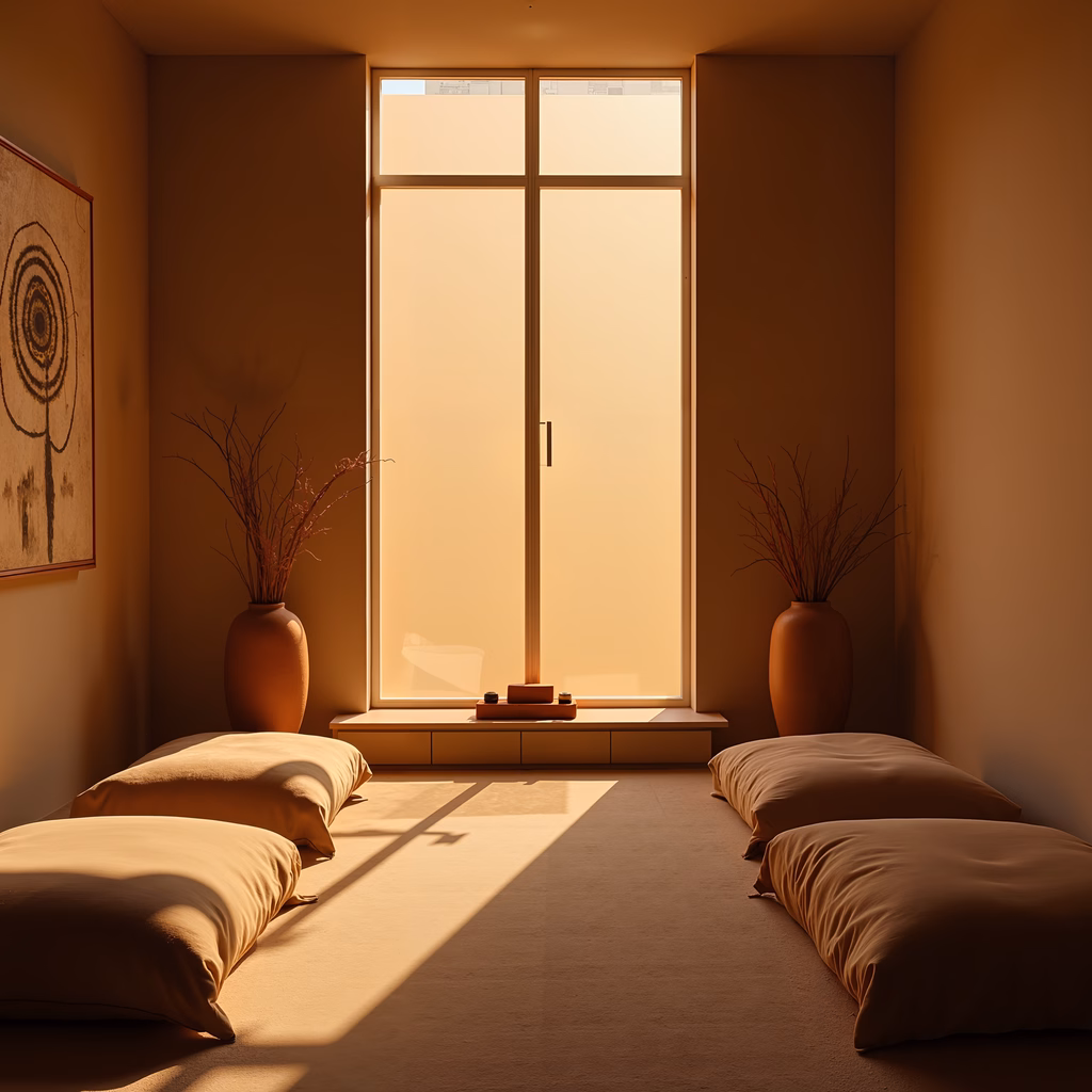 A tranquil minimalist Zen room with warm sunlight and earthy tones.