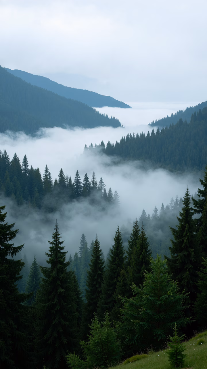 Misty evergreen forest, serene nature photography