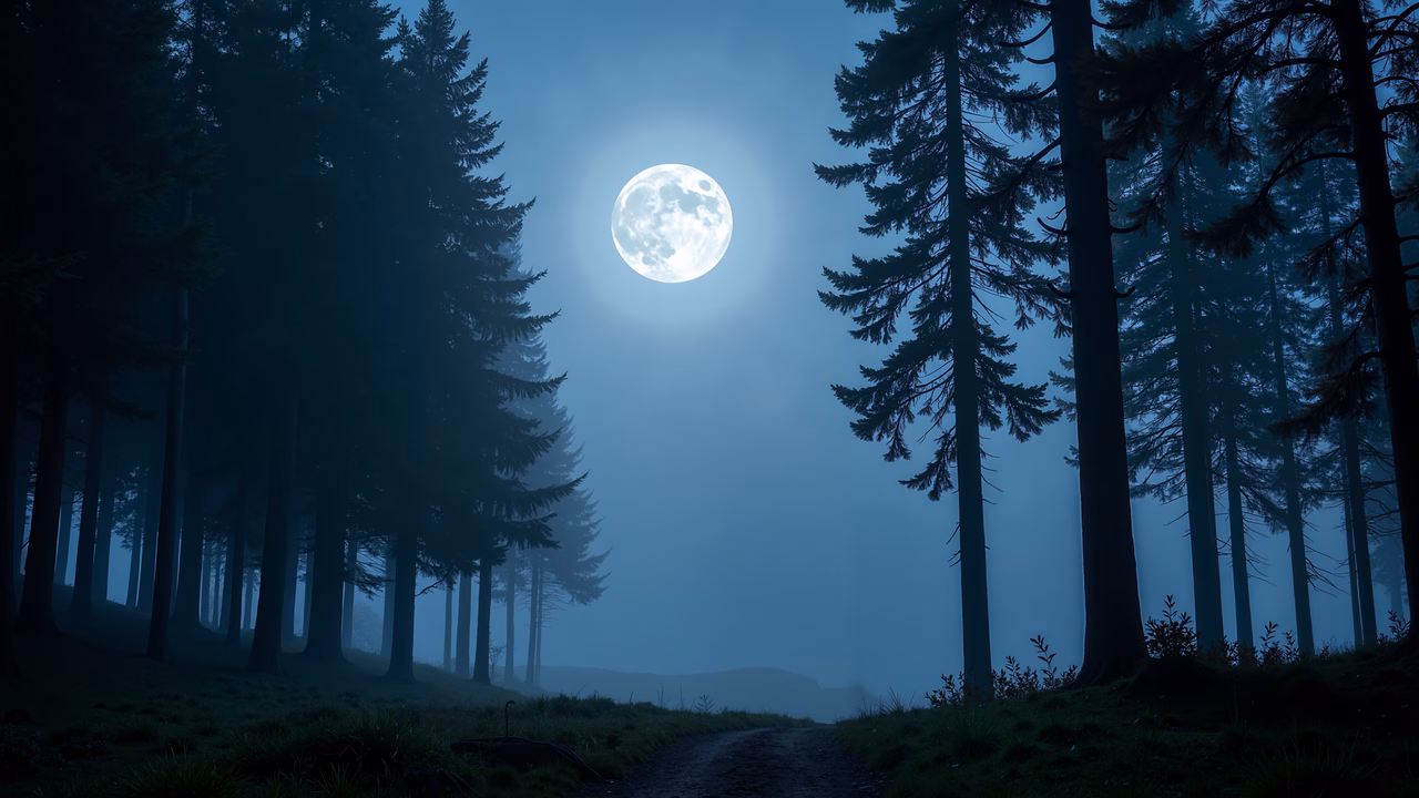 Misty night in a forest illuminated by a full moon.