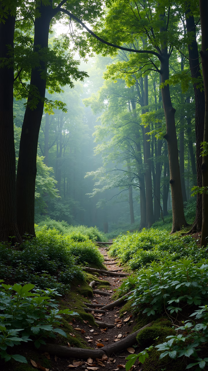 A peaceful forest path surrounded by lush greenery and misty ambiance.