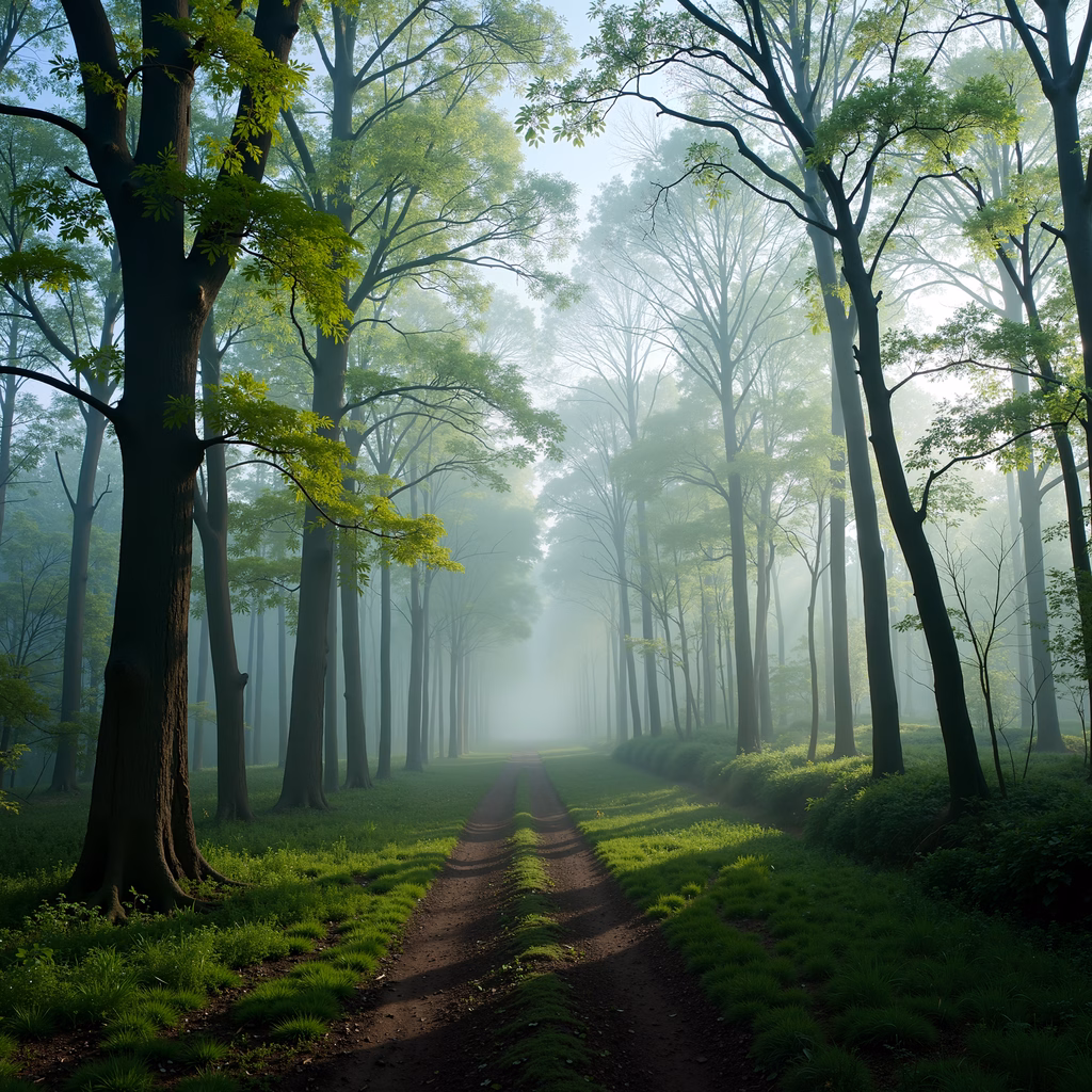 A misty forest path surrounded by tall trees and vibrant greenery, evoking a sense of peace and mystery.