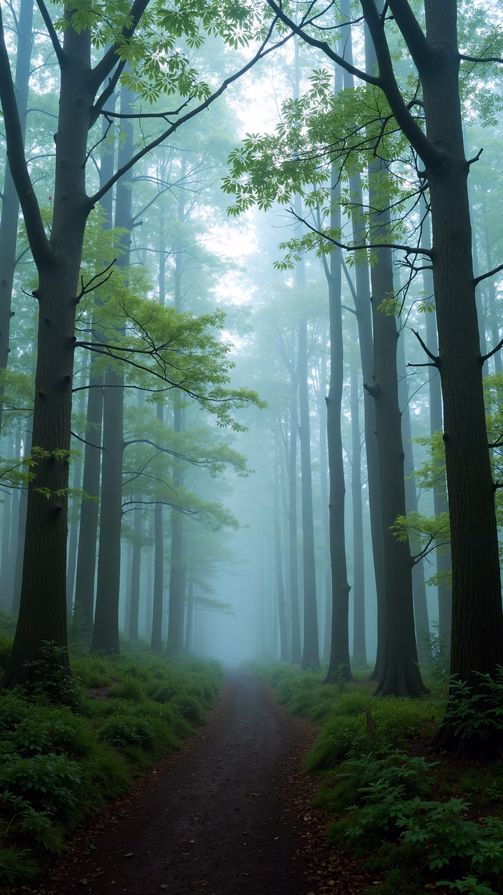 Misty forest path amidst tall trees and lush greenery.